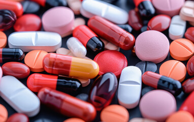 Various colorful pharmaceutical pills, capsules, and tablets in close-up view. Medicine and healthcare concept showcasing a variety of drug forms.