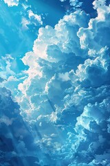 Wall Mural - Dramatic blue sky filled with large, fluffy clouds against a backdrop of sunlight, capturing the beauty and awe of nature. Perfect for inspirational and scenic use.