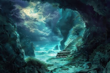 Wall Mural - Mysterious cavern staircase to the moonlit sea