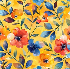 Wall Mural - A vibrant watercolor floral pattern with blue, orange, and yellow flowers against a bright yellow background, ideal for wallpapers, fabrics, and decor.