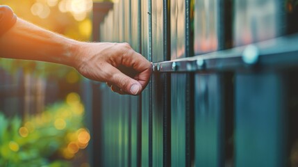 A close-up of a hand gently closing a green garden gate, surrounded by soft sunlight and lush greenery, evoking tranquility.