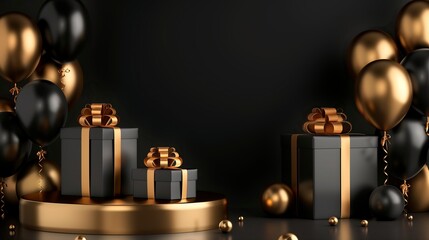 Wall Mural - A festive black background featuring stylishly wrapped gift boxes and glowing balloons, perfect for celebrating holidays like New Year and Black Friday with discounts and promotions.