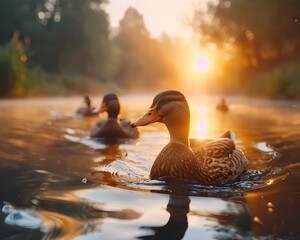 Sticker - Tranquil Ducks Swimming in Serene Pond at Sunrise Showcasing Management Concept