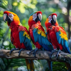 Wall Mural - Vibrant Macaws Perched on Branch in Lush Rainforest Backdrop