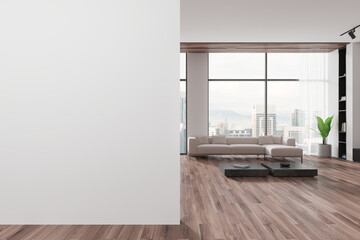 Wall Mural - White home living room interior with sofa and shelf, window. Mockup wall