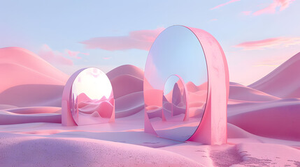 Wall Mural - Abstract factasy and realistic mirror in desert, background, futuristic	