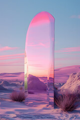 Wall Mural - Abstract factasy and realistic mirror in desert, background, futuristic	