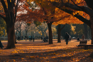 Public park in autumn with path and fallen leaves