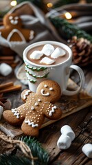 Wall Mural - Festive holiday scene with gingerbread man cookie and mug of hot cocoa topped with marshmallows, surrounded by pine branches and twinkling lights.