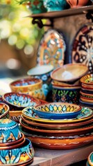 Wall Mural - Vibrant handcrafted ceramic dishes and bowls with intricate patterns on display, showcasing colorful Mediterranean or Middle Eastern artisanal pottery.