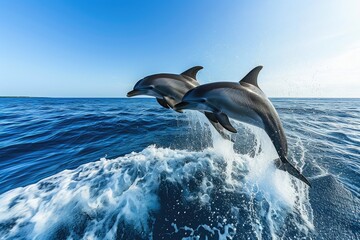 Wall Mural - joyful dolphins breaking through calm ocean waves