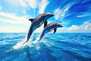 Wall Mural - serene ocean view with dolphins leaping gracefully