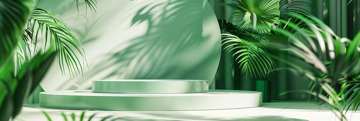 Wall Mural - Tropical paradise podium: Lush palm fronds cast intricate shadows on a serene white circular platform, creating a tranquil green oasis for product display.