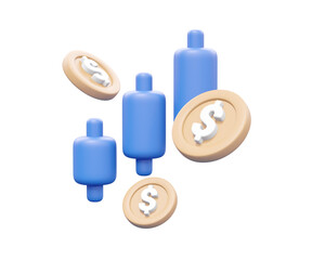 Sticker - 3D render illustrating a candlestick chart with bars that are trending upwards, accompanied by dollar coins isolated on transparent background