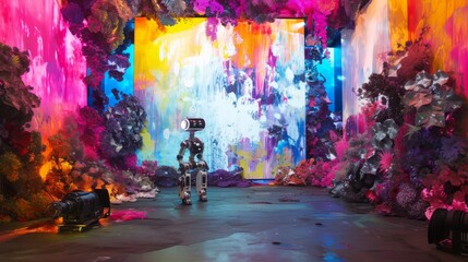 A captivating image of a robot navigating through a vibrant, colorful art installation. The scene is filled with abstract shapes and vivid hues, creating a visually stimulating environment perfect for