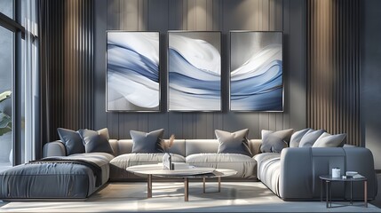 Stylish living room featuring a large abstract art piece with sweeping blue and grey tones, perfectly complementing the modern grey sofa set.