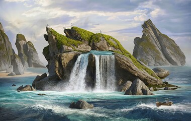 A series of rock formations jut out into the sea, with one of them having a small waterfall cascading over its