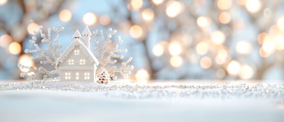 Wall Mural - A charming winter scene featuring a cozy house adorned with sparkling lights and a blanket of snow, evoking holiday spirit.