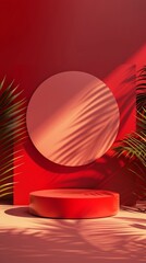 Wall Mural - Vibrant red podium with circular platform and backdrop, adorned by palm leaves casting dramatic shadows. Minimalist tropical product display concept.