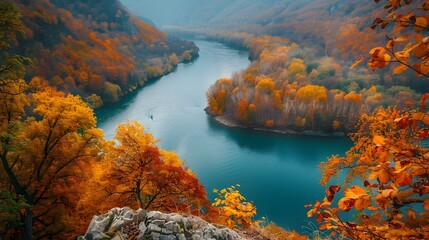 Poster - Breathtaking Autumn Landscape with Vibrant Foliage and Winding River Overlook