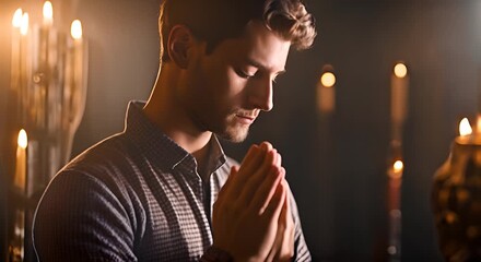 Wall Mural - Christian man praying in church.