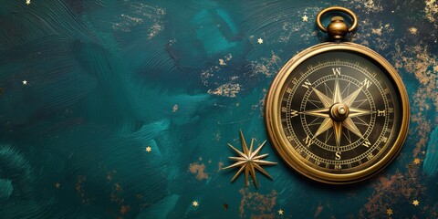 photo of a gold compass isolated against a dark teal background with starry night elements, copy spa