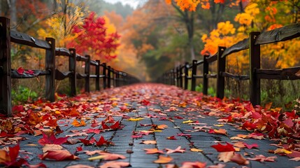 Canvas Print - Enchanting Autumn Trail Surrounded by Vibrant Foliage and Wooden Fence