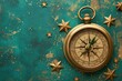 © Mark G - Photo of a gold compass isolated against a dark teal background with starry night elements, copy space. Travel and navigation concept.