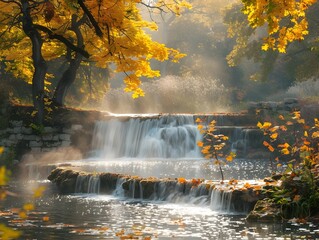 Wall Mural - Serene Autumn Waterfall Surrounded by Vibrant Foliage and Mist in Peaceful Nature Scenery