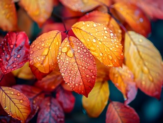 Poster - Vibrant Autumn Leaves with Intricate Dew Droplets Capturing the Essence of the Season