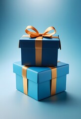 Two blue gift boxes with gold bows on blue background, AI