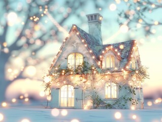 Sticker - Charming winter house beautifully decorated with glowing lights and surrounded by a dreamy, soft-focus winter landscape.