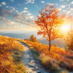 Canvas Print - Scenic Autumn Landscape with Winding Path and Vibrant Foliage Under Soft Sunlight