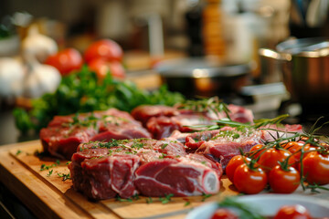 Raw meat preparation with kitchen background