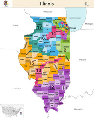 Wall Mural - Illinois state map with counties borders and colored congressional districts boundaries due to The 2020 United States census and which is valid since 2023. Flag of Illinois. Vector