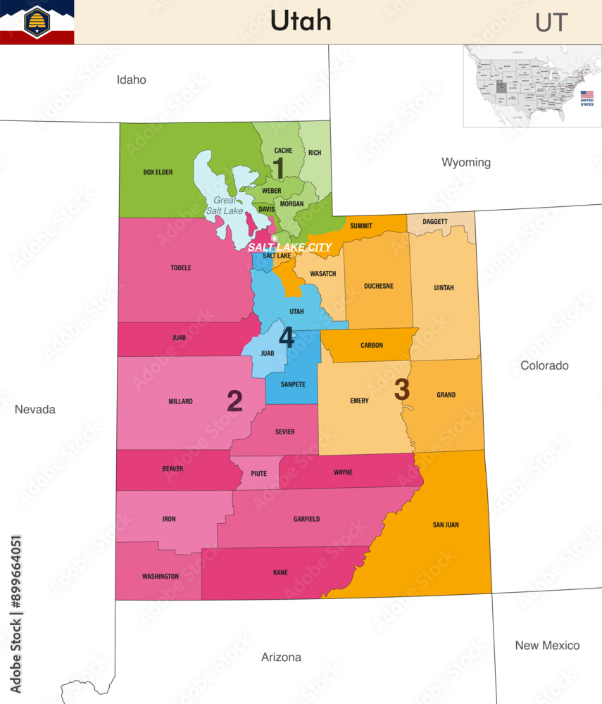 Utah state map with counties borders and colored congressional ...