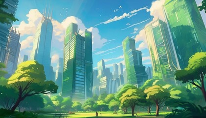 Poster - ai generative of anime skyscrapers View from city park