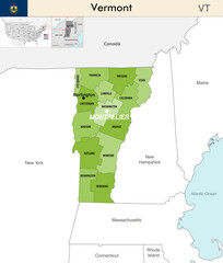 Wall Mural - Vermont state map with counties borders. Vermont's at-large congressional district. Flag of Vermont. Vector