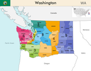 Wall Mural - Washington state map with counties borders and colored congressional districts boundaries due to The 2020 United States census and which is valid since 2023. Flag of Washington. Vector