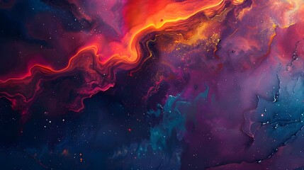 Wall Mural - This image displays a vibrant abstract art piece with fluid-like textures in rich hues of purple, orange, and pink, evoking a sense of intense movement and energy.