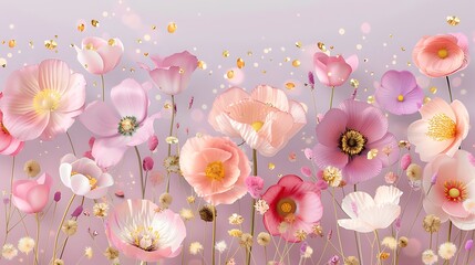 Wall Mural - Whimsical Flower Silhouettes in Pale Pink and Purple Background