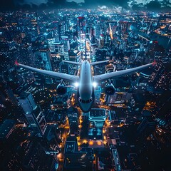 Wall Mural - Aerial View of Illuminated Cityscape at Night with Airplane Overhead