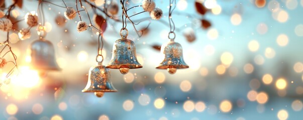 Wall Mural - Glistening bells hanging from a branch, surrounded by shimmering bokeh lights, creating a magical winter atmosphere.