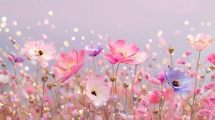 Wall Mural - Whimsical Flower Silhouettes in Pink and Purple Glistening in Light