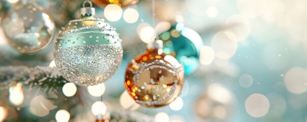 Wall Mural - Shimmering Christmas ornaments hanging on a decorated tree, creating a festive and magical holiday atmosphere.