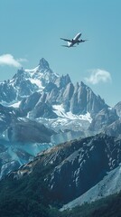 Poster - Majestic Airplane Soaring Over Dramatic Mountain Peaks in Breathtaking Wilderness Landscape