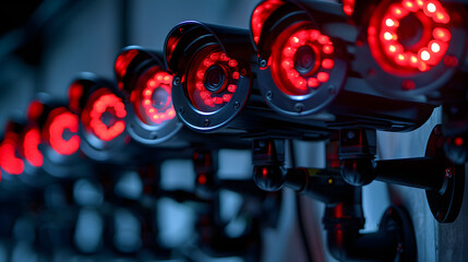 Wall Mural - a close-up view of multiple surveillance cameras equipped with red LED lights, set against a dark background