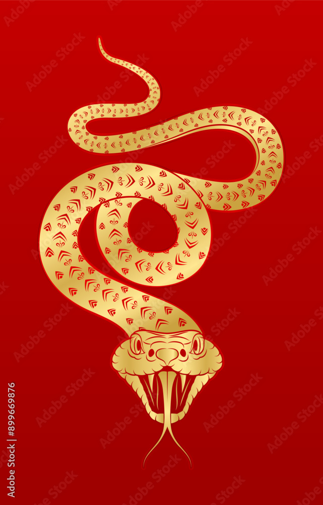 Chinese snake gold zodiac sign isolated on red background. For card ...
