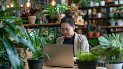 Sticker - Shop assistants with laptop working in potted plant store, AI Generative