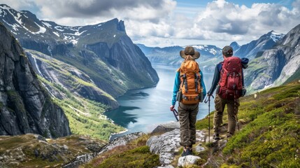 Wall Mural - two people hiking with an epic view, wearing a Hershel backpack, AI Generative